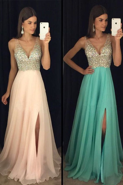 Sparkly Beaded Long V-Neck Prom Dress Fashion Long Side Slit School Dance Dresses  cg7132