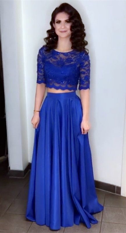 Elegant Lace Crop Floor Length Satin Prom Dresses Two Piece  cg7182