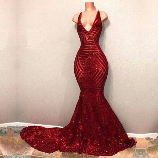 Red Sequins Prom Dressesï¼_hiny Mermaid Formal Dress, Long V neck Party Dress   cg7184