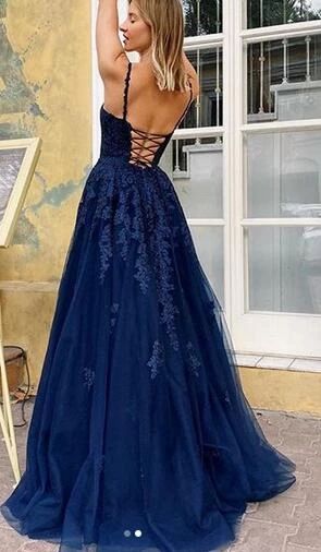 Charming Navy Blue V Neck Lace Tulle Prom Dress,Spaghetti Straps A Line Evening Dress,Formal Dress  cg7237