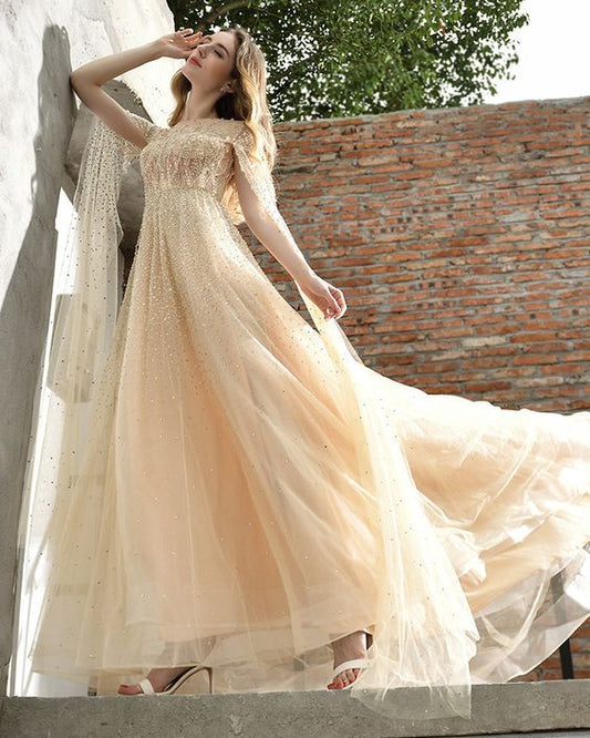 Champagne Beading Jewel Elegant A-line Evening prom Dress   cg7269