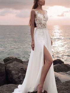 Split A Line Round Neck Chiffon Lace Long Wedding prom Dresses  cg7333