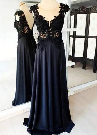 See Through A-Line Black Satin Cap Sleeves Round Neck Prom Dresses  cg7356