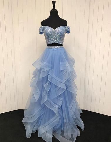 2 Pieces Long Prom Dresses Beaded Evening Dresses Off the Shoulder Formal Dresses  cg7373