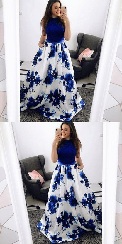 A-Line Jewel Blue Floral Long Prom Dress with Pockets Lace cg740