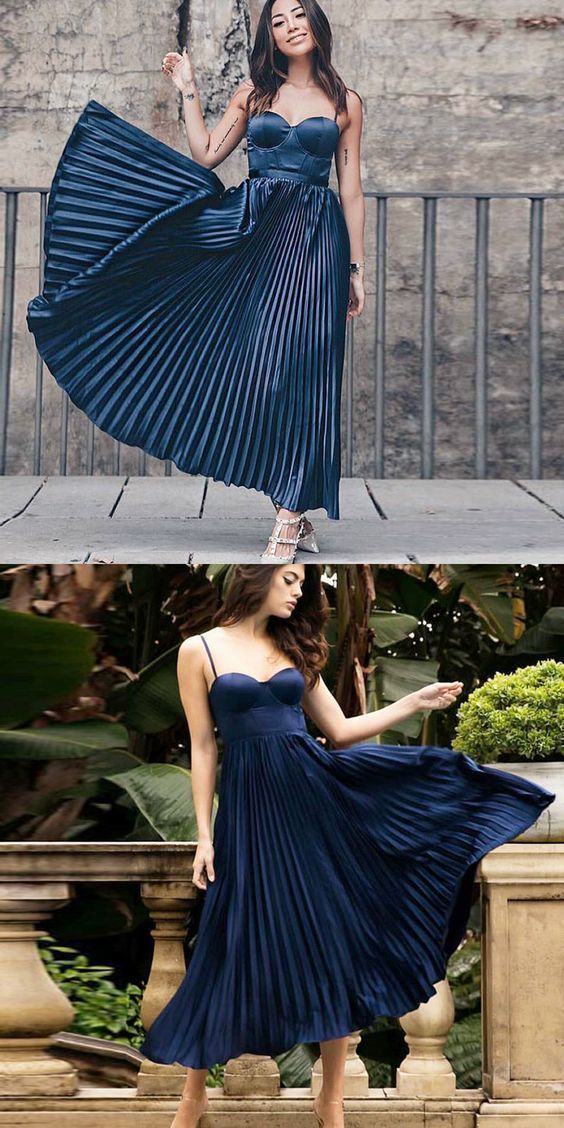 A-Line Spaghetti Straps Dark Blue Pleated Prom Dress  cg7436