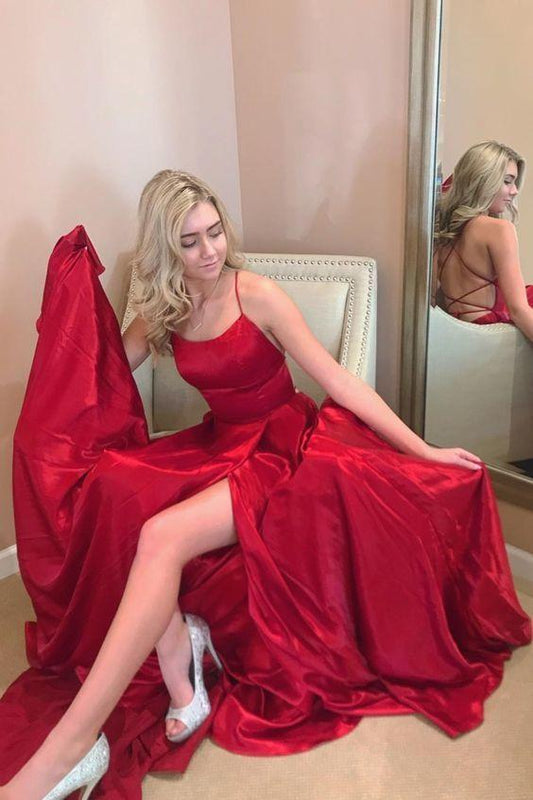 red long prom dress with spaghetti straps, lace up back and side slit  cg7494
