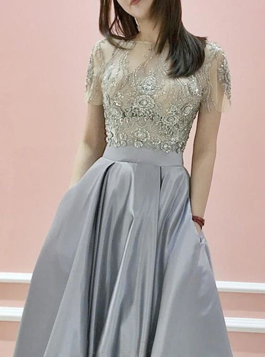 A-line Bateau Silver Prom Dresses Short Sleeve Beading Evening Dresses  cg7603