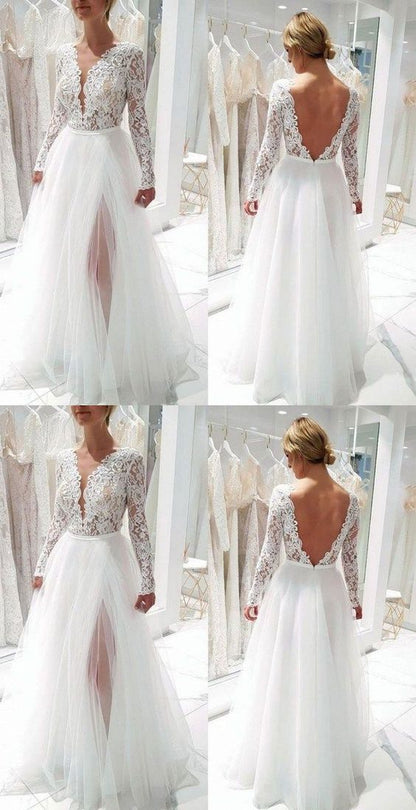 Deep V Neck V Back Wedding prom Dresses with Appliques  cg7655