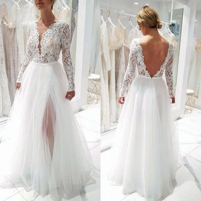 Deep V Neck V Back Wedding prom Dresses with Appliques  cg7655