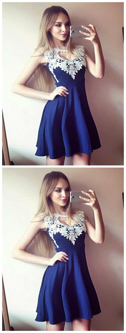 A-Line Sleeveless Blue Homecoming Dress with Appliques cg769