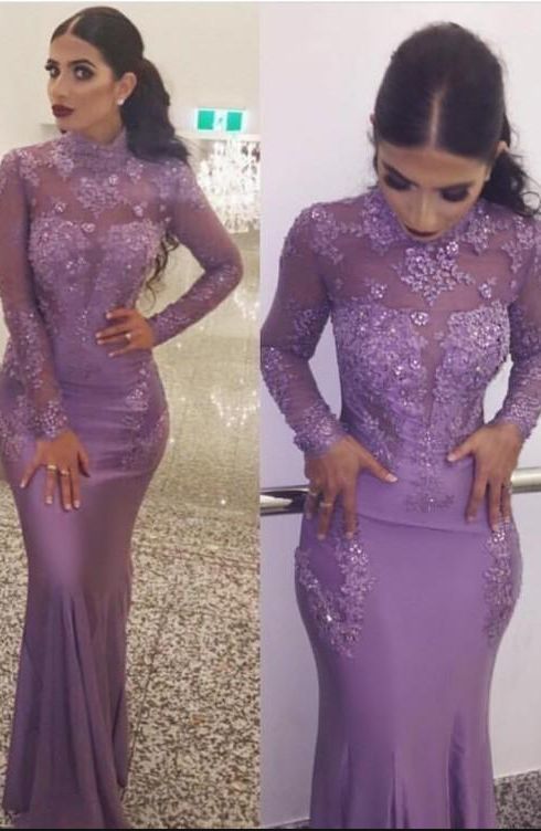 Elegant High Neck Long Sleeve Prom Dresses Long Lace Appliqued  cg7713