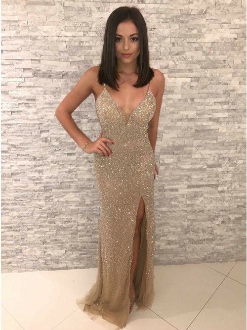 Mermaid Spaghetti Straps Backless Champagne Prom Dress with Sequins  cg7755