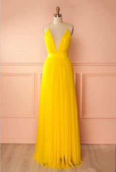 Yellow A Line Tulle Prom Dress,Long Evening Dress,Spaghetti Strap Formal Dresses  cg7758