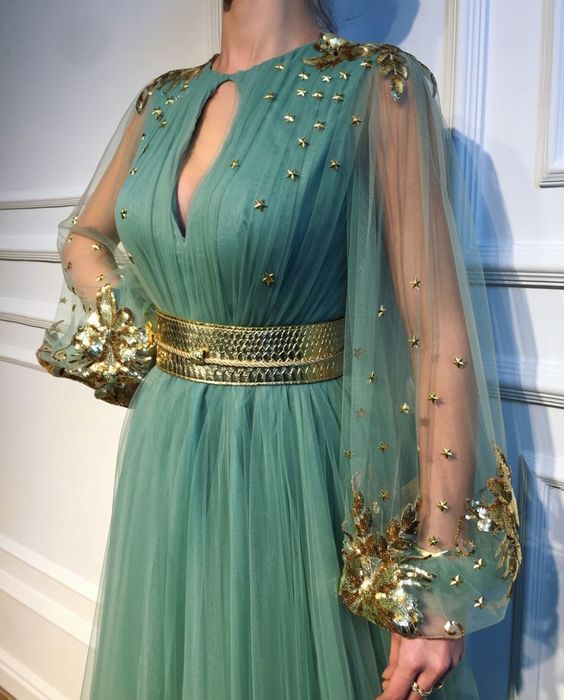 Stars and Gold-shiny Flowers Green Tulle Prom Dress  cg7793