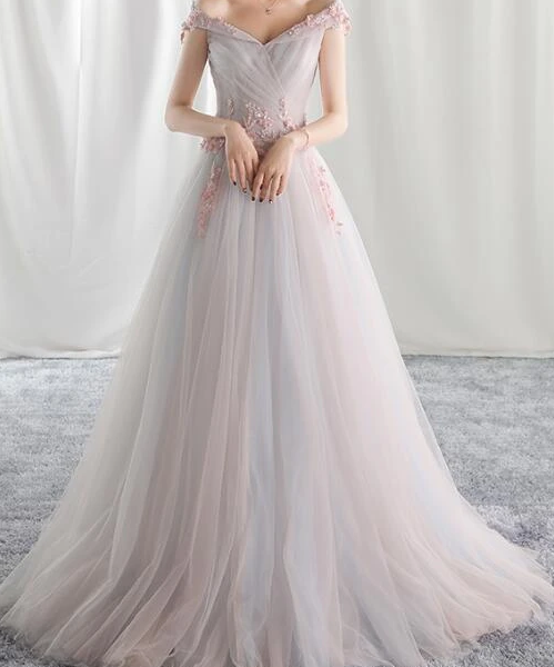 Beautiful Light Pink Tulle Party prom Gown, Off Shoulder Evening Dress  cg7806