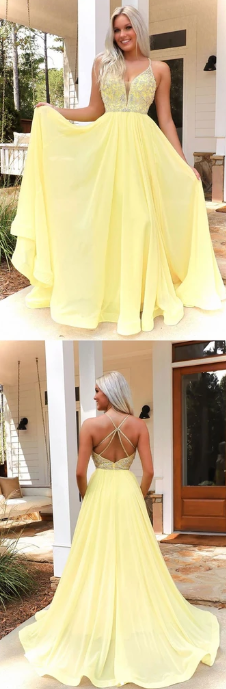 YELLOW V NECK CHIFFON BEADS LONG PROM DRESS YELLOW FORMAL DRESS  cg7831