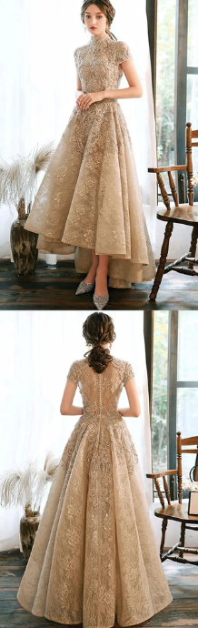 UNIQUE HIGH NECK LACE LONG PROM DRESS LACE FORMAL DRESS  cg7834