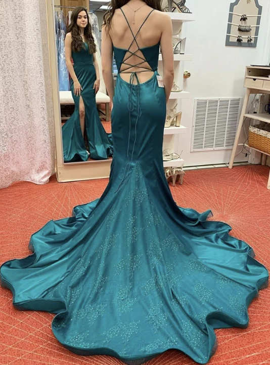 Mermaid satin lace long prom dress formal dress  cg7857