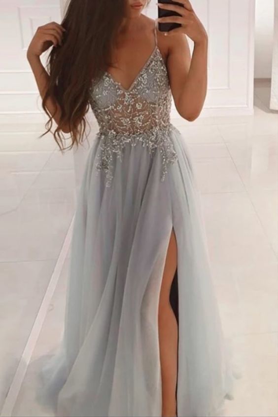 V neck Straps Grey Side Slit A Line Beaded Prom Dresses, Long Evening Dress  cg7896