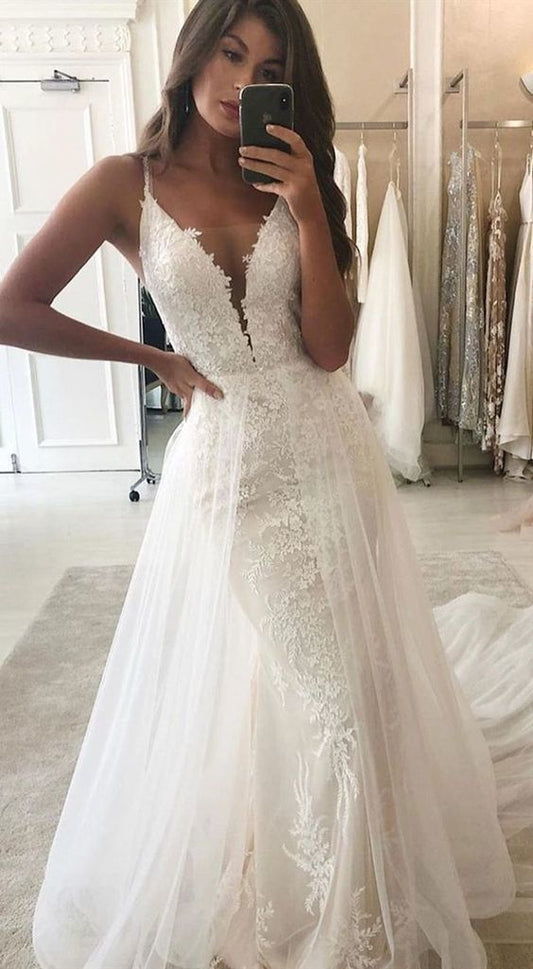 Charming V neck White Appliques Prom Dress, Tulle Mermaid Evening Dress  cg7898