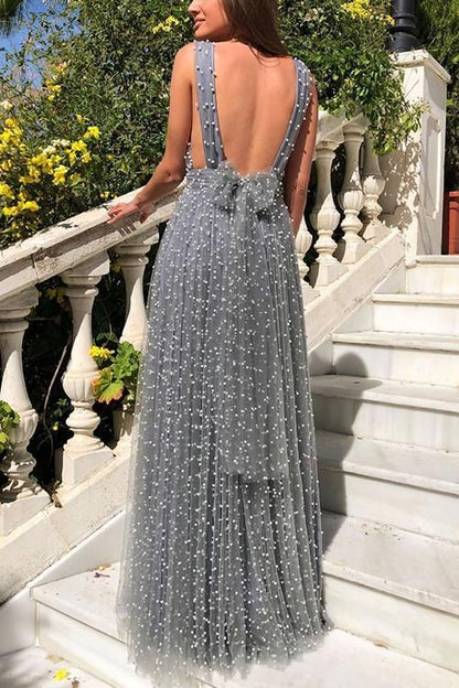 Gorgeous Grey Tulle V Neck Long Prom Dress For Teens, Evening Dress  cg7991