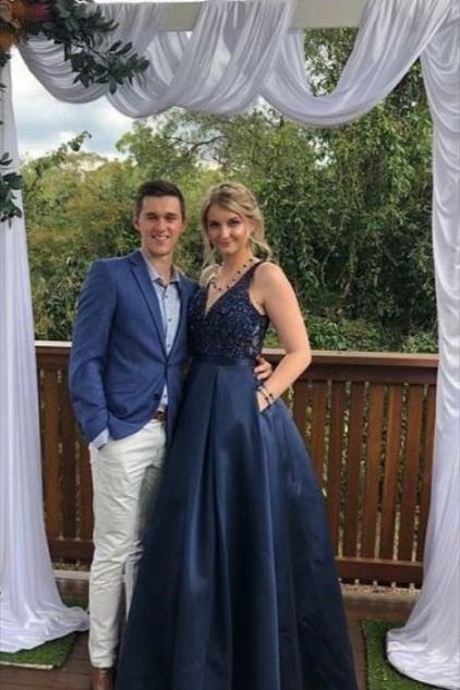 Navy Satin Beads A-line Prom Dress  cg8057