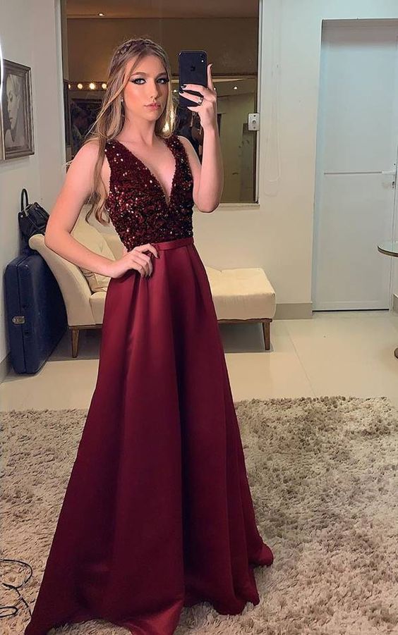 CLASSY burgundy  V-NECK EVENING PROM DRESSES  cg8069