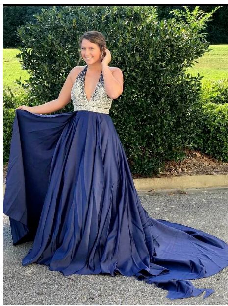 2020 Glamorous A-Line/Princess Halter V Neck Beaded Dark-Navy Taffeta Prom Dresses With Train,prom dress  cg8085