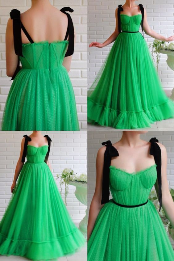 A-line Black Straps Sage Long Charming Prom Dresses Tulle Evening Dress   cg8089