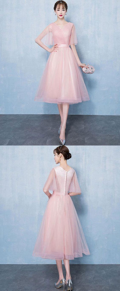 Simple v neck tulle short homecoming dress, pink tulle homecoming dress  cg812