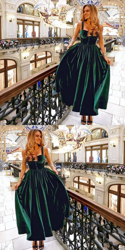 Vintage A-Line Spaghetti Straps Dark Green Velvet Prom Dress  cg8150