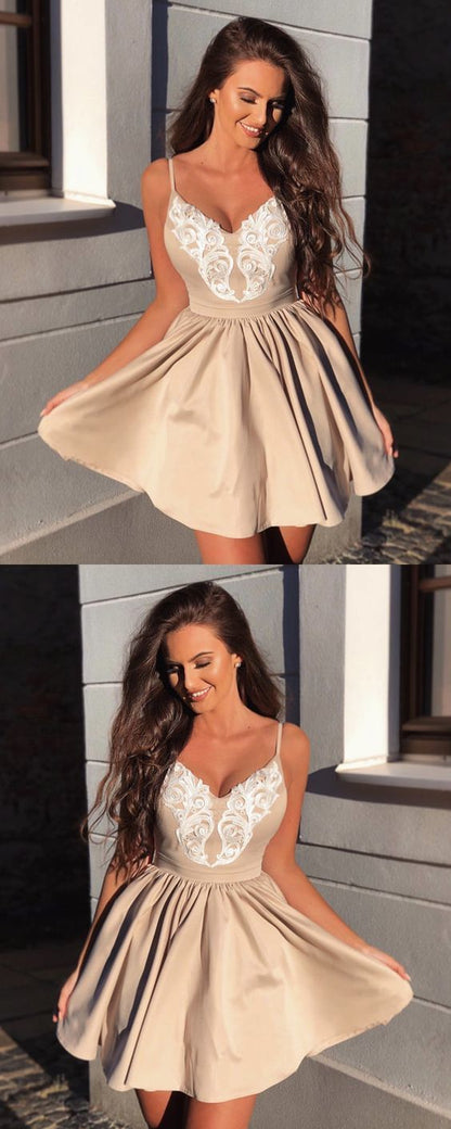 Short A-line V-neck Satin Homecoming Dresses Lace Embroidery cg817