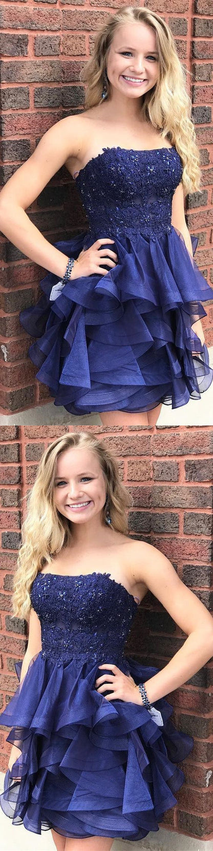 Short Navy Blue Homecoming Dress, Strapless Homecoming Dress cg818