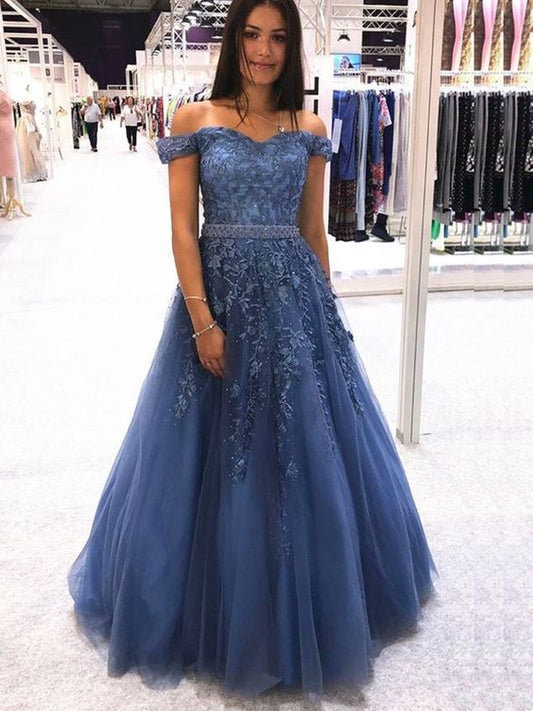 Off Shoulder Appliques Blue Lace Long Prom Dresses 2020, Off Shoulder Blue Formal Dresses, Blue Lace Evening Dresses  cg8318