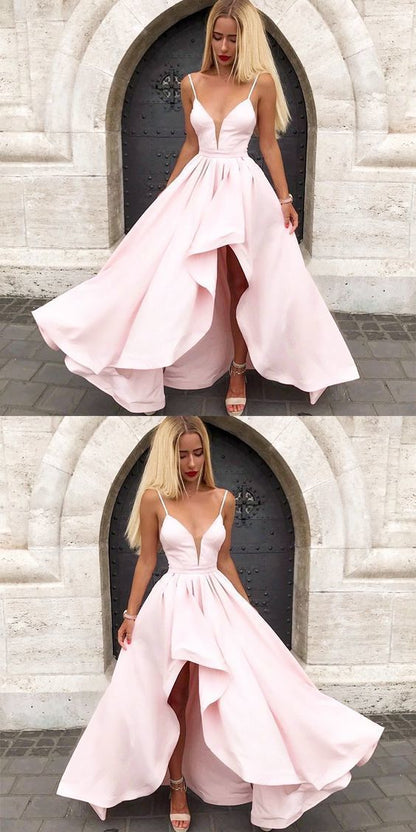 V-neck Pink Spaghetti Straps Split Formal Prom Dress, V-neck Pink Spaghetti Straps Evening Dress cg842