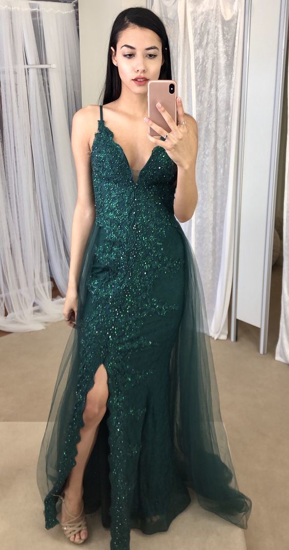 light green,sleeveless,v-neck,spaghetti-straps,slit-skirt,applique,tulle,long prom evening dress  cg8535
