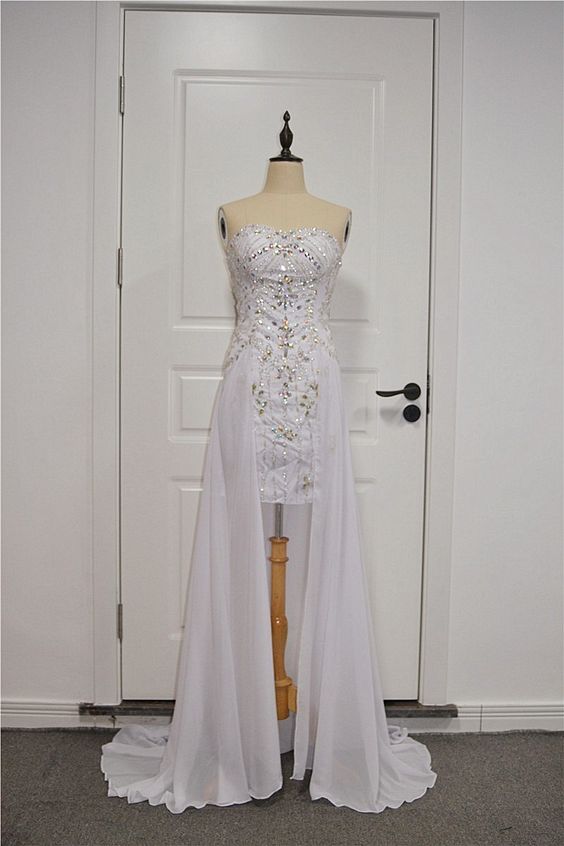 Gorgeous Crystal Beaded High Low Prom Party Dress Sweetheart Sleeveless White Chiffon  cg8601