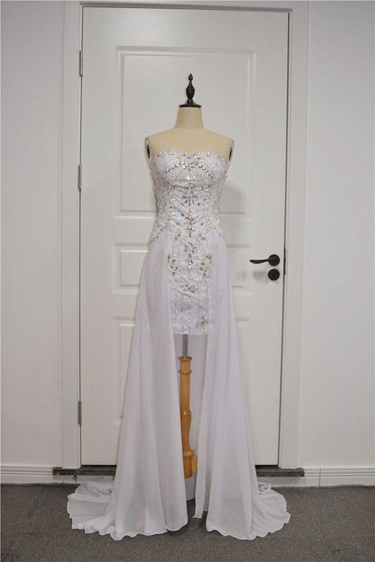 Gorgeous Crystal Beaded High Low Prom Party Dress Sweetheart Sleeveless White Chiffon  cg8601