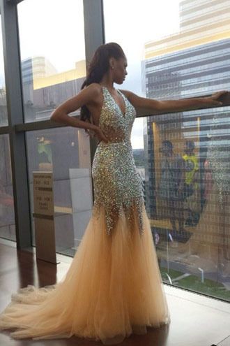 Halter Prom Dresses Mermaid Tulle With Beading Sweep Train  cg8611