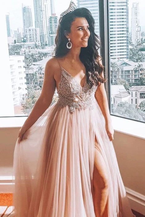 spaghetti straps pink long formal dress with beaded bodice Formal Prom Dress  cg8648