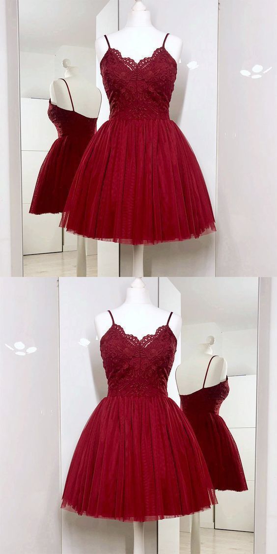 Spaghetti Straps A-Line Burgundy Tulle Short homecoming Dress with Lace cg866