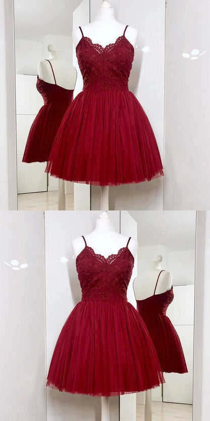 Spaghetti Straps A-Line Burgundy Tulle Short homecoming Dress with Lace cg866