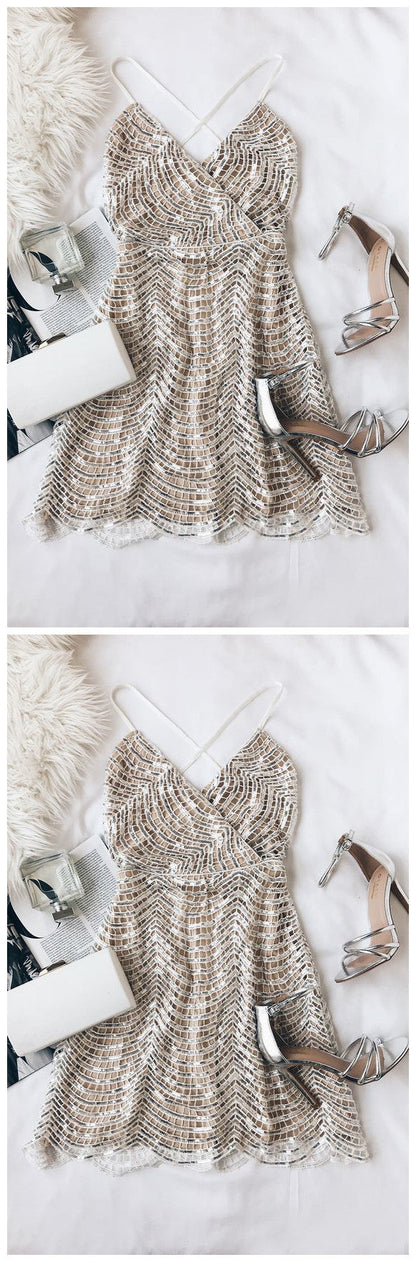 WHITE AND SILVER SEQUIN MINI homecoming DRESS cg872