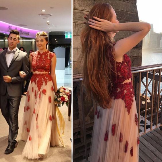 Two pieces prom dress,Red lace applique prom dress,Junior prom dress,Elegant prom dress  cg8739