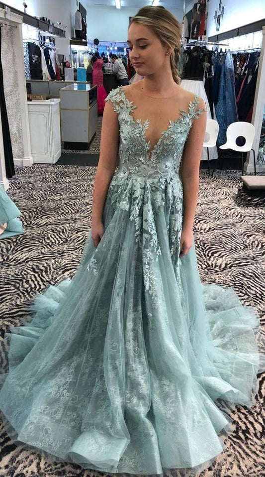 Illusion Neckine Prom Dresses Lace Appliques Formal Dresses Long Evening Gowns   g8751
