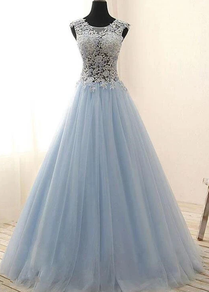 Light Blue Tulle With Lace Floor Length Party Dress, Blue Prom Dress  cg8767