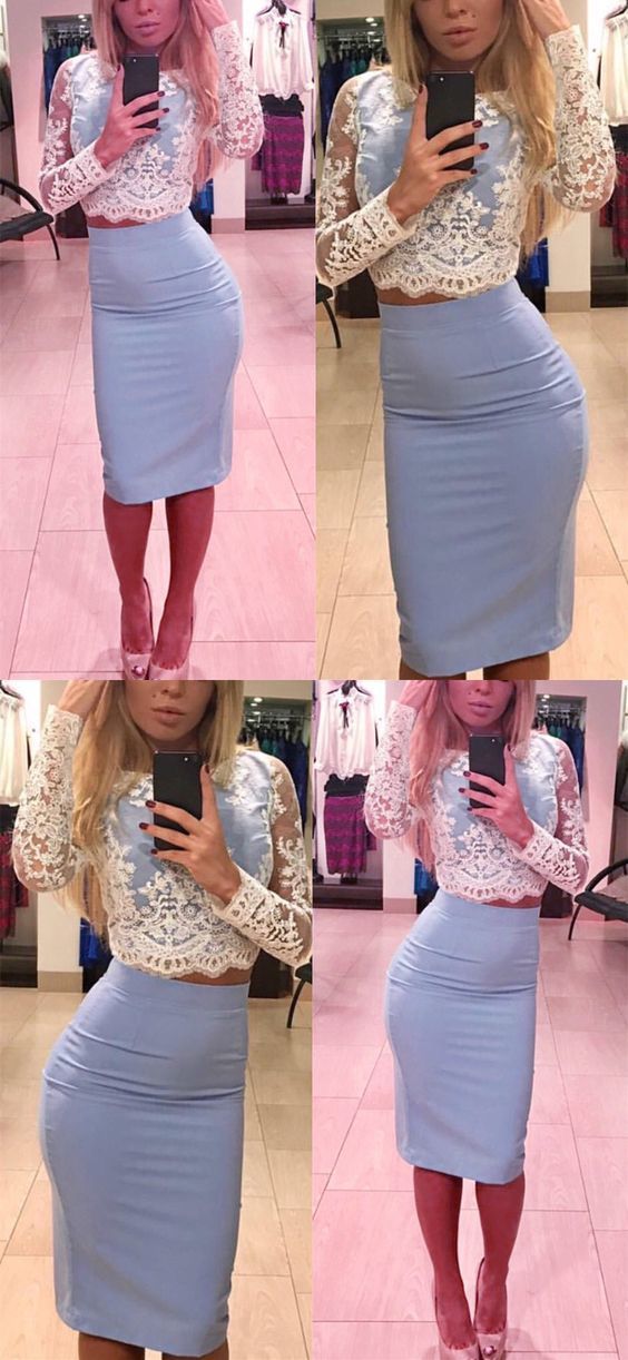 Long Sleeves Lace Crop Top Dresses Short Elegant Homecoming Dress cg880