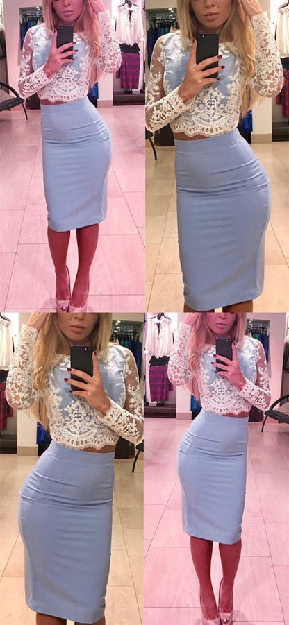 Long Sleeves Lace Crop Top Dresses Short Elegant Homecoming Dress cg880