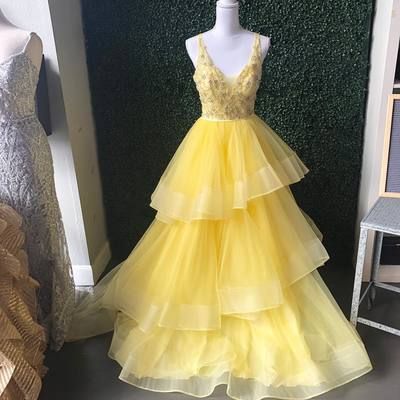 Princess V Neck Yellow Long Party Dress Prom Dresses  cg8809